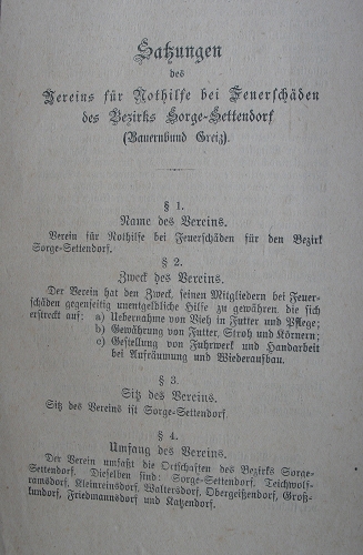 Satzungen des Vereins für Nothilfe bei Feuerschäden des Bezirkes Sorge-Settendorf, Bauernbund Greiz, vom 1. März 1924