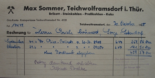 Rechnung Max Sommer Teichwolframsdorf