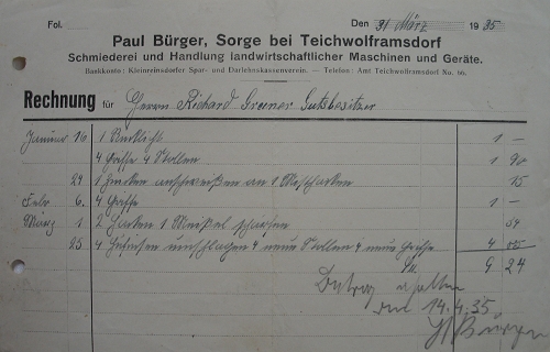 Rechnung Paul Bürger Sorge-Settendorf