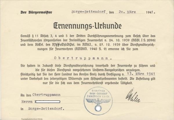 Ernennungsurkunde zum Obertruppmann, 1941